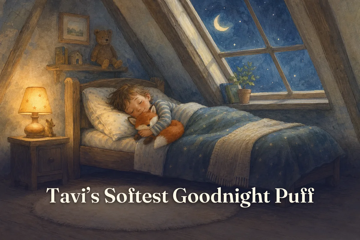 Cover of the children’s story “Tavi’s Softest Goodnight Puff”