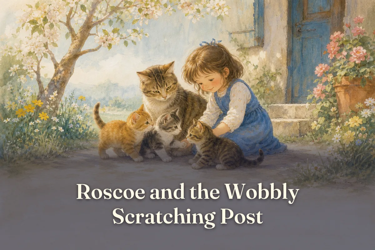 Cover of the children’s story “Roscoe and the Wobbly Scratching Post”