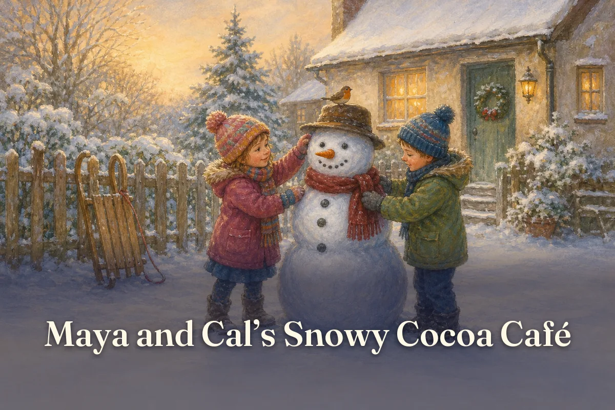 Cover of the children’s story “Maya and Cal’s Snowy Cocoa Café”