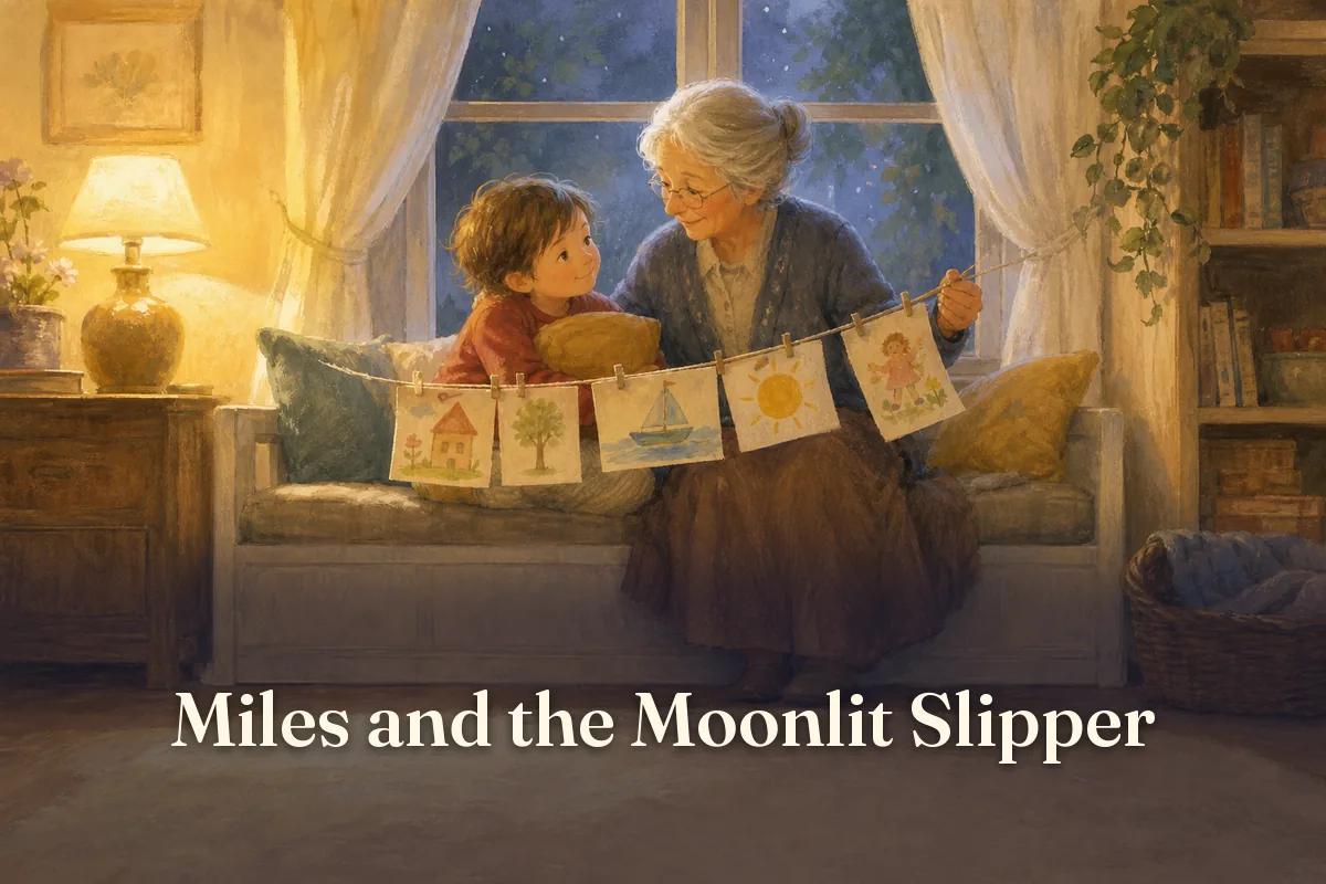 Cover of the children’s story “Miles and the Moonlit Slipper”