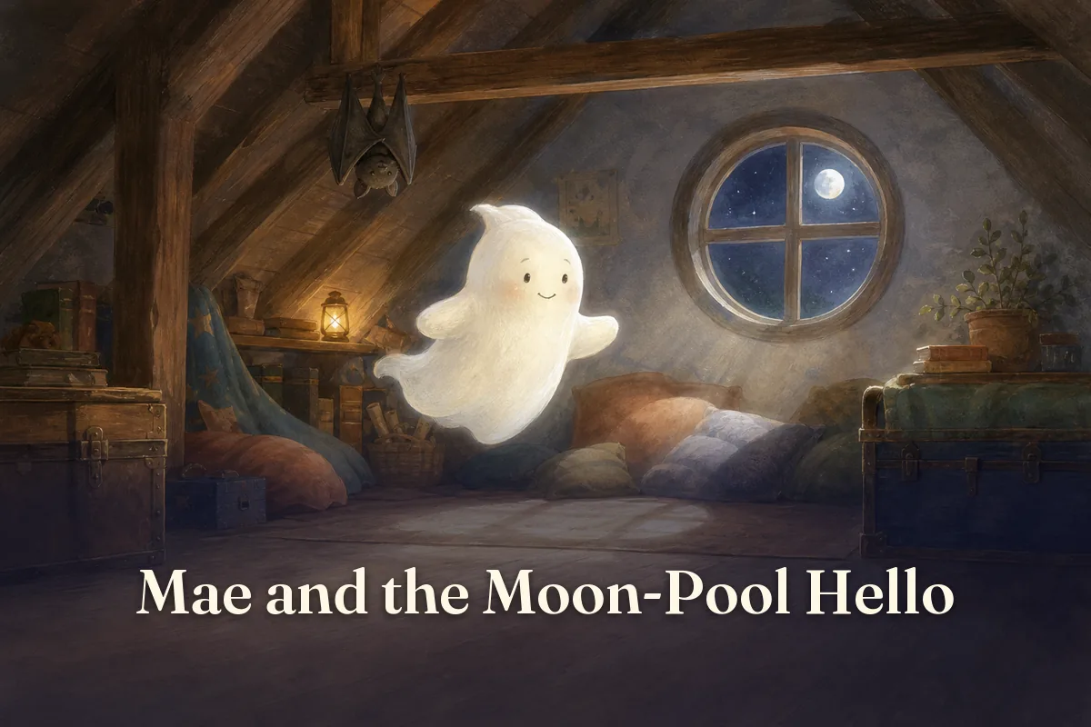 Cover of the children’s story “Mae and the Moon-Pool Hello”