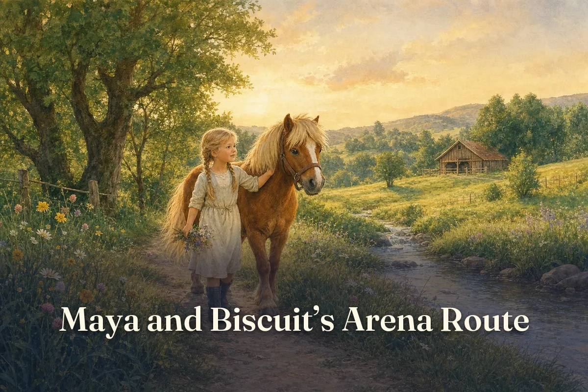Cover of the children’s story “Maya and Biscuit’s Arena Route”