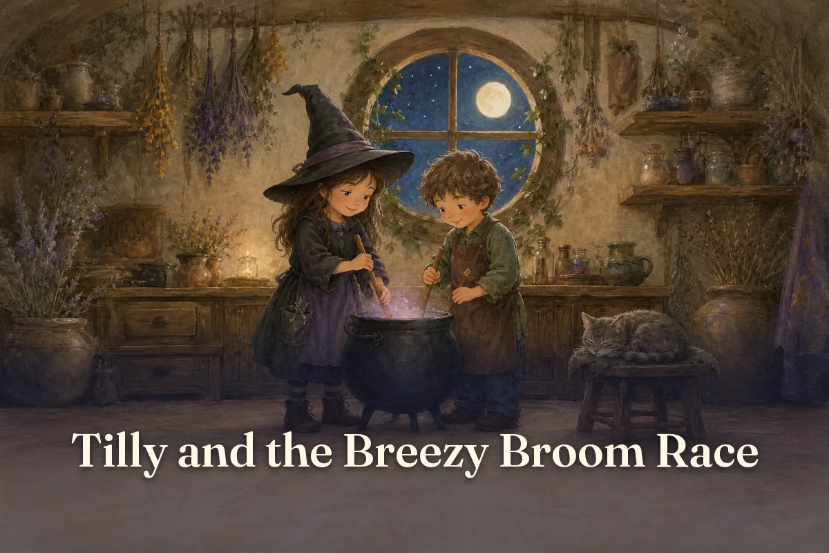 Cover of the children’s story “Tilly and the Breezy Broom Race”