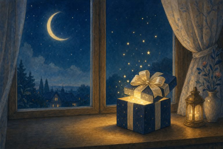 A gift wrapped in midnight-blue paper on a windowsill, with stars rising from it