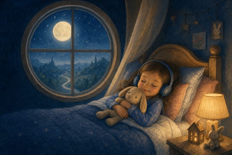A child lies in bed with headphones and a stuffed bunny while the full moon shines through the window